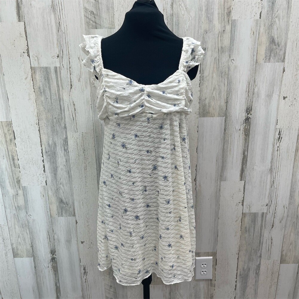 No Boundaries Sundress Juniors XL White Blue Floral Mini Ruffle Straps sku562